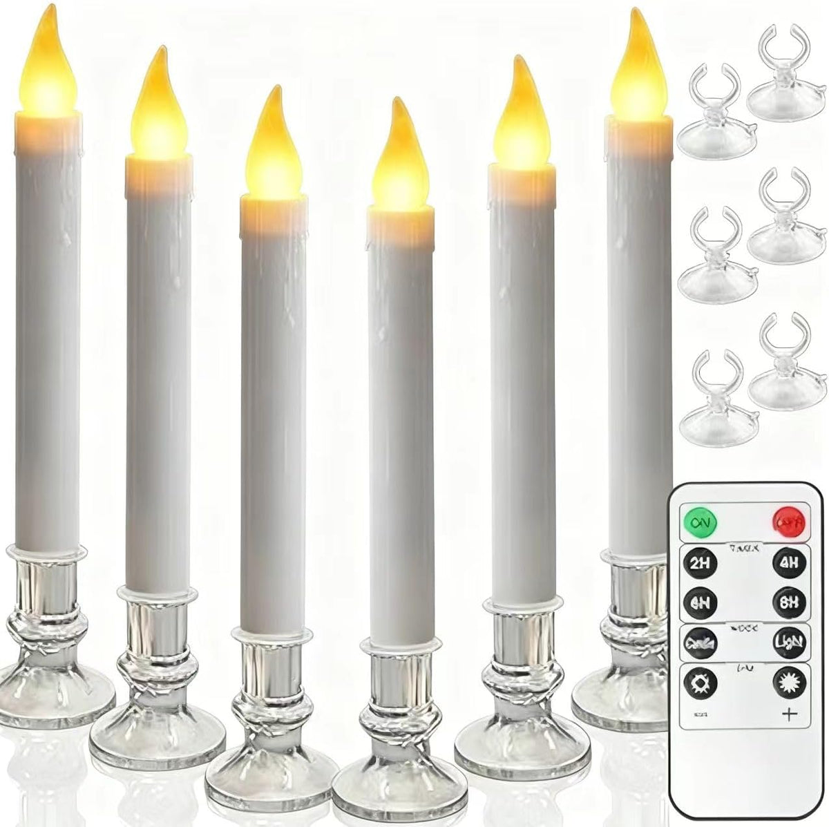 Christmas Window Candles, 9.3in Flameless Taper, Silvery, 6pcs