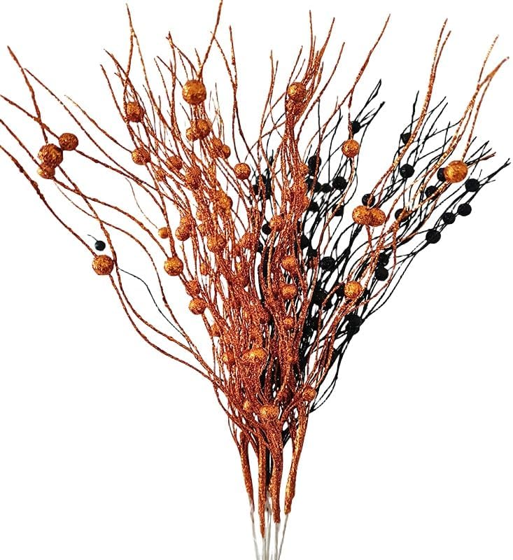 24 Pack Glitter Halloween Black Orange Artificial Berry Stem Picks 13.4 Inch Curly Tall Tree Filler Branches Christmas Decorations for Vase Filler, Twigs for Holiday (Orange Black)