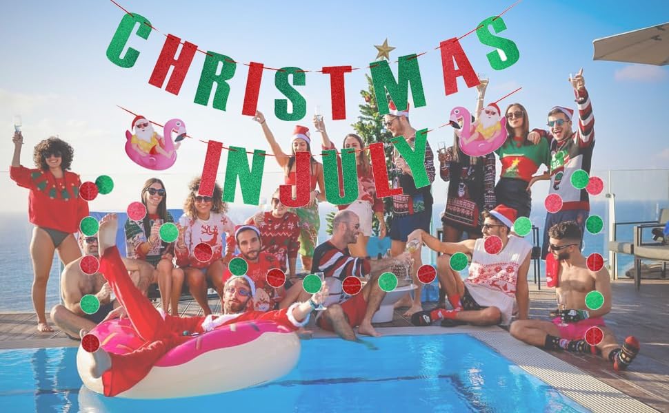 MAGQOO Christmas In July Banner Red Green Glitter Christmas in July Garland Photo Props Tropical christmas Party Decorations Pre-strung
