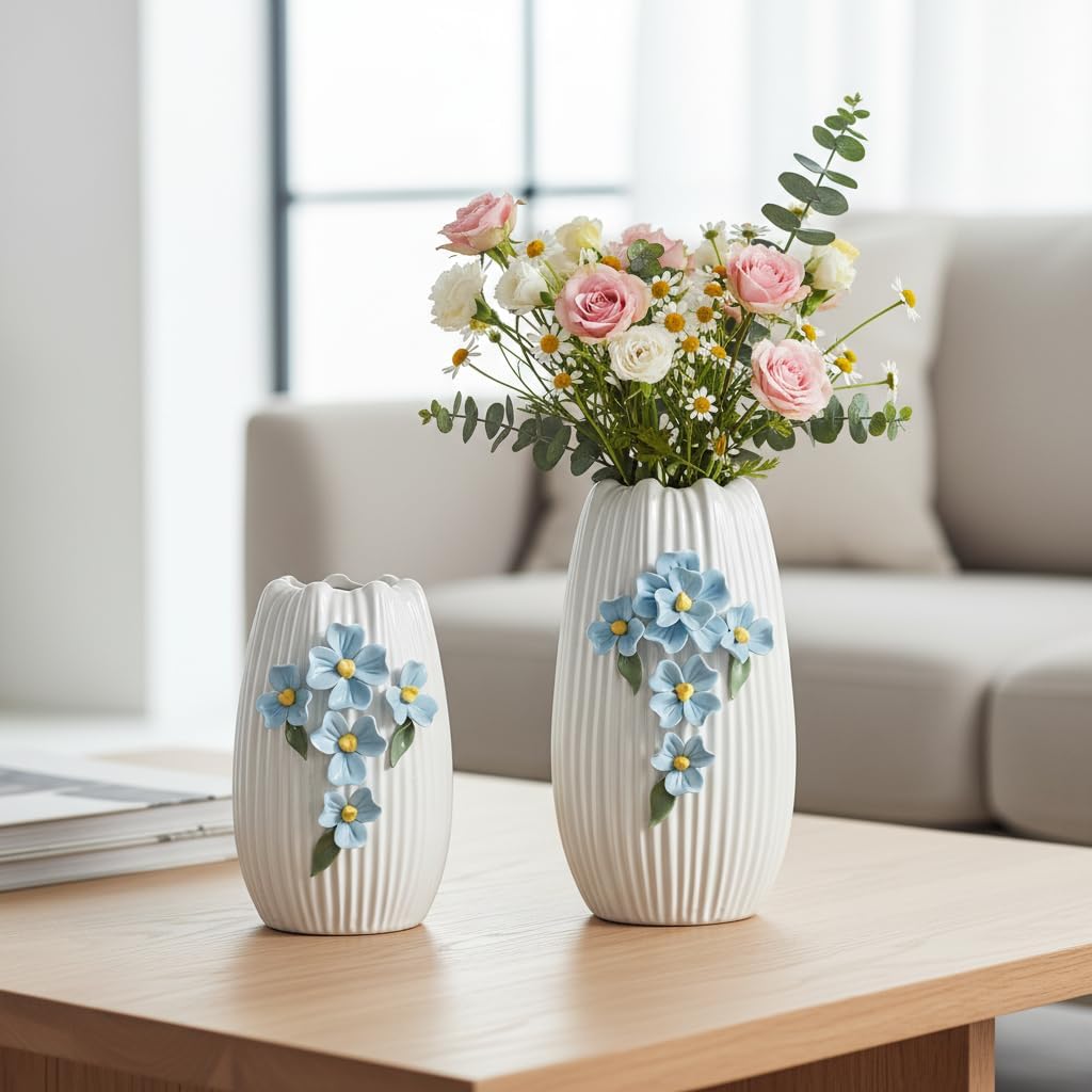 Modern Ceramic Vase / White and Light Blue / 9 Inch