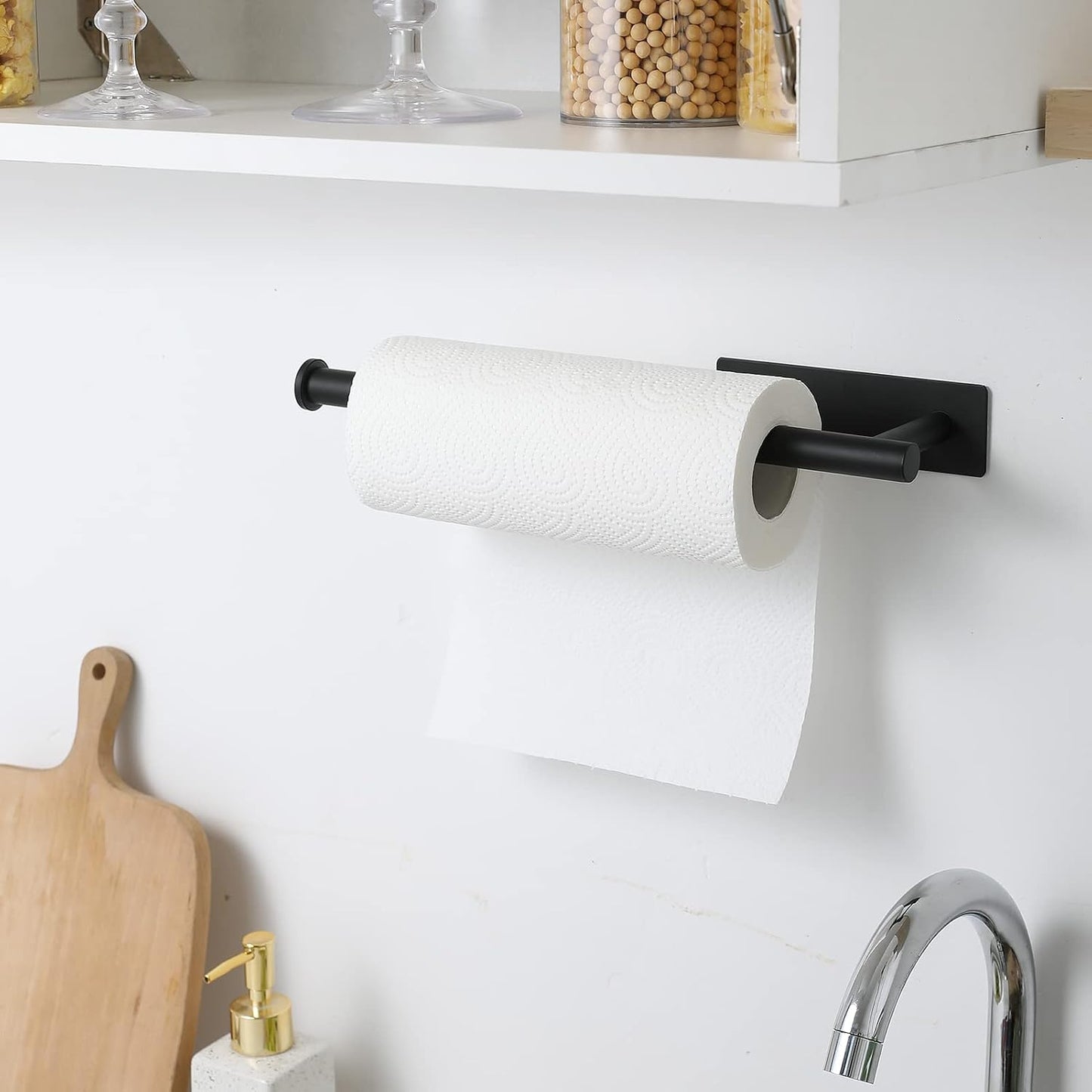 theaoo Under Cabinet Paper Towel Holder for Kitchen, Adhesive, 2 Pack Black | Self-Adhesive or Screw Mount for Cabinets