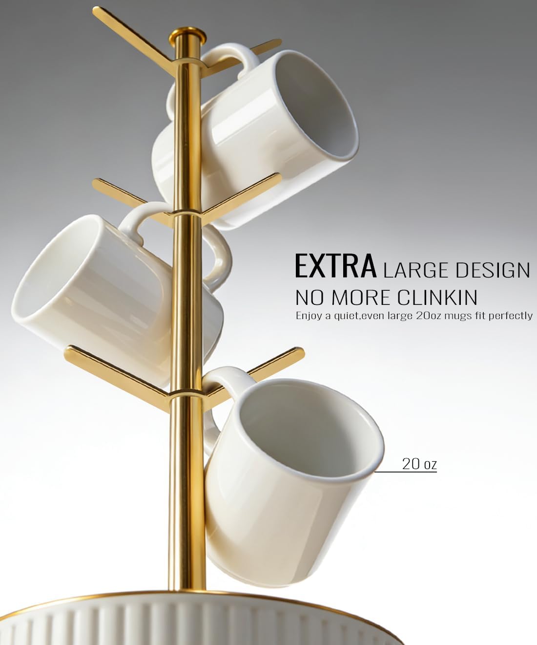 VROOMIUM Ceramic Coffee Mug Holder,Extra-Large and Stable, Fits 20oz, Gold | Effortless Cleaning, Built-in Storage for