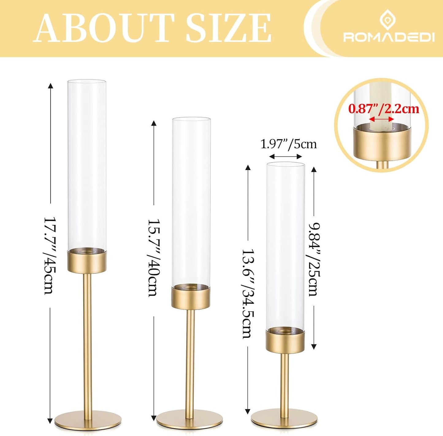 Romadedi Glass Hurricane Candle Holders for Candlestick, Gold, Set of 18 | Removable Borosilicate Clear Glass Cylinder
