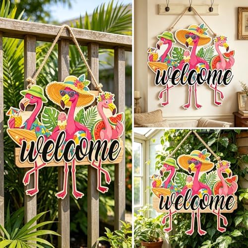 Flamingo Welcome Door Sign 12'' Summer Tropical Wooden Decor Hawaiian Flamingo Wall Art Hanging Sign Pink Flamingos Front Door Wreath for Farmhouse Home Wall Holiday Summer Decor, Housewarming Gift