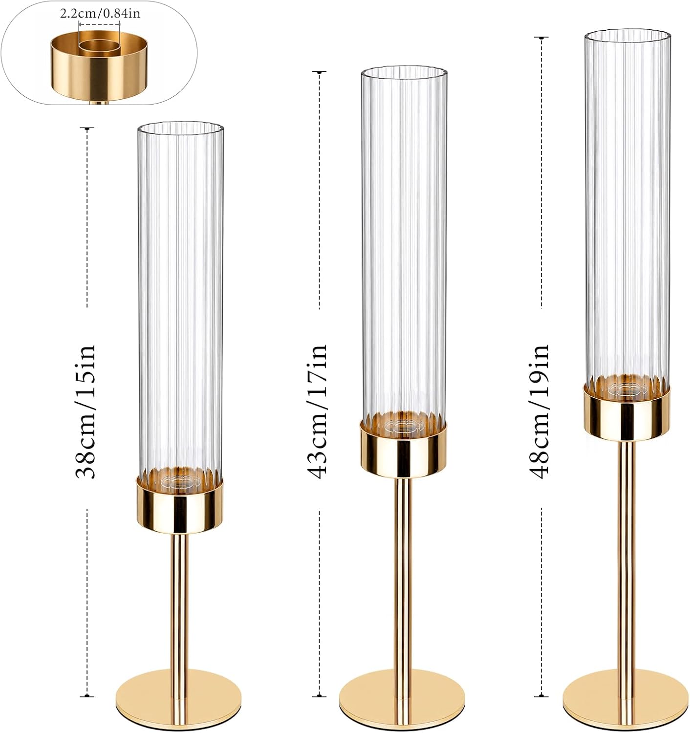 Gold Hurricane Taper Candle Holders,2 Sets(6 Pcs) Brass Tall Candlestick Holders with Ribbed Glass Cylinder, Table