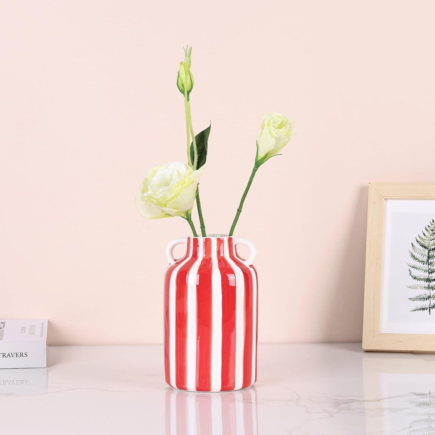 Ceramic Striped Checkered Vase / Red White