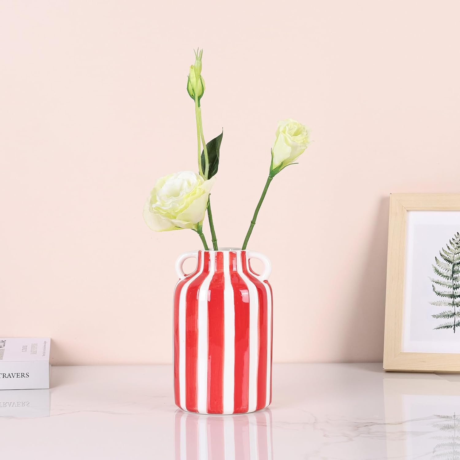 Ceramic Striped Checkered Vase / Red White