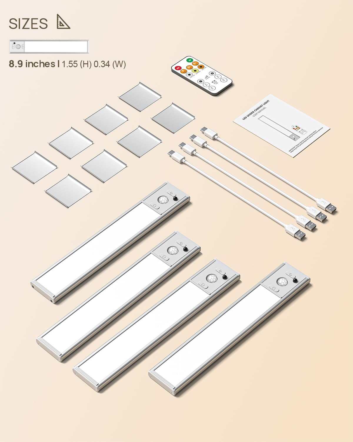9" Under Cabinet Lighting Wireless, Motion Sensor Light Indoor with Remote, LED Rechargeable Closet Light, 3 Color