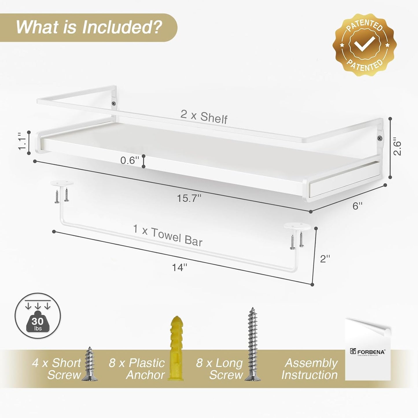 Forbena Bathroom Shelves for Wall Set of 2, White Nursery Floating Book Shelves for Kids Room, Small Wall Mount