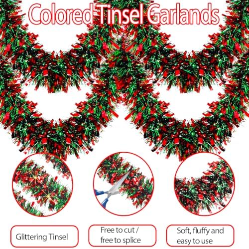 66Ft Christmas Tinsel Garland Shiny Thick Red and Green Tinsel Decor Xmas Tree Decorations Metallic Twist Foil Garland for Christmas St Patricks Day Birthday Holiday Party Supplies