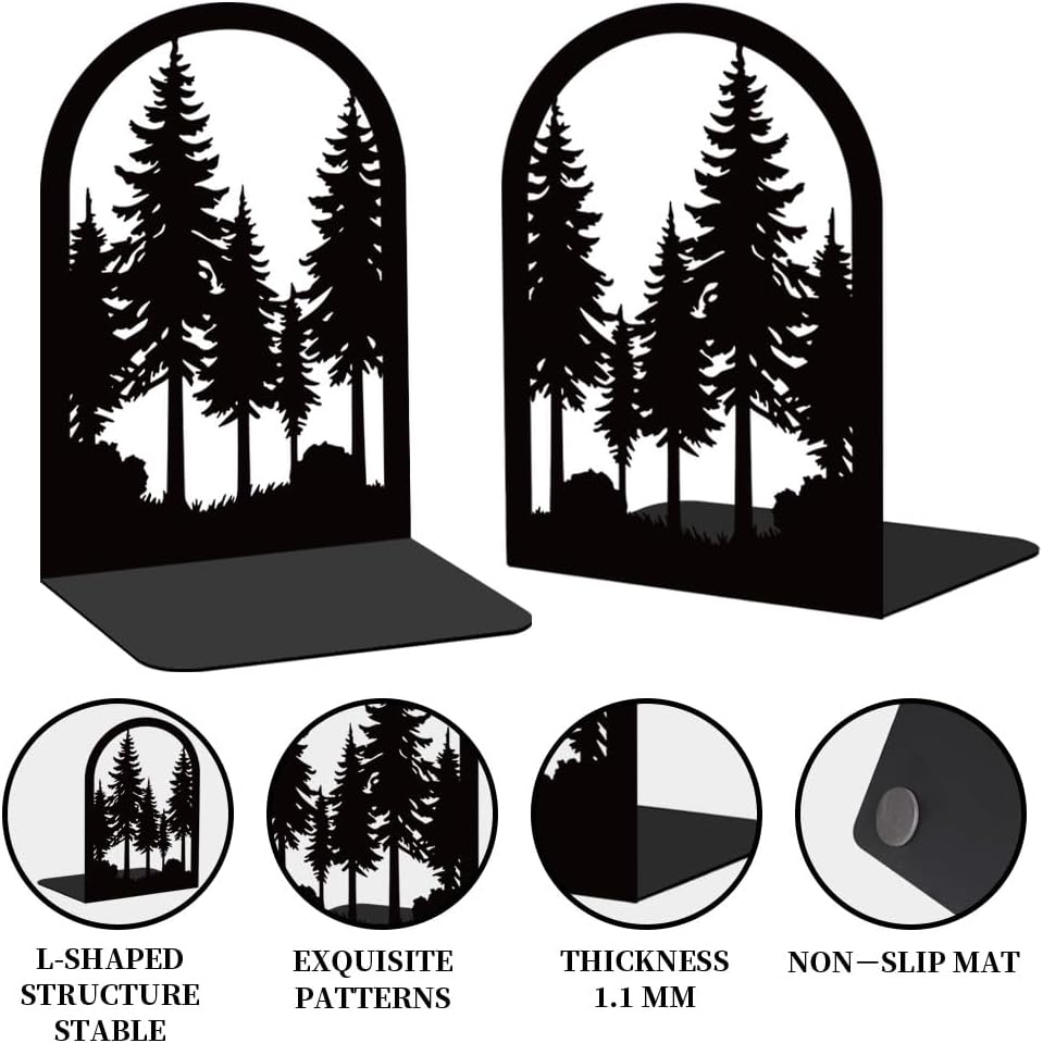 Pine Tree Metal Bookends for Desk / Forest / Black