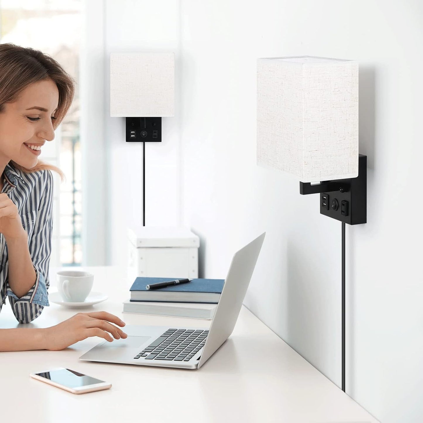 CADUKE Bedside Wall Lamp Set of 2, Plug in Wall Sconce with USB Charging Port and AC Outlet, Modern Black Brushed