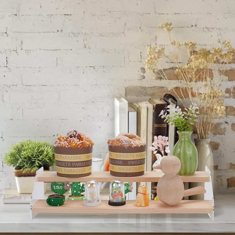 2 Tier Wood Acrylic Display Stand Riser Shelf Wooden Display Shelf Risers Organizer / 12 x 4.21