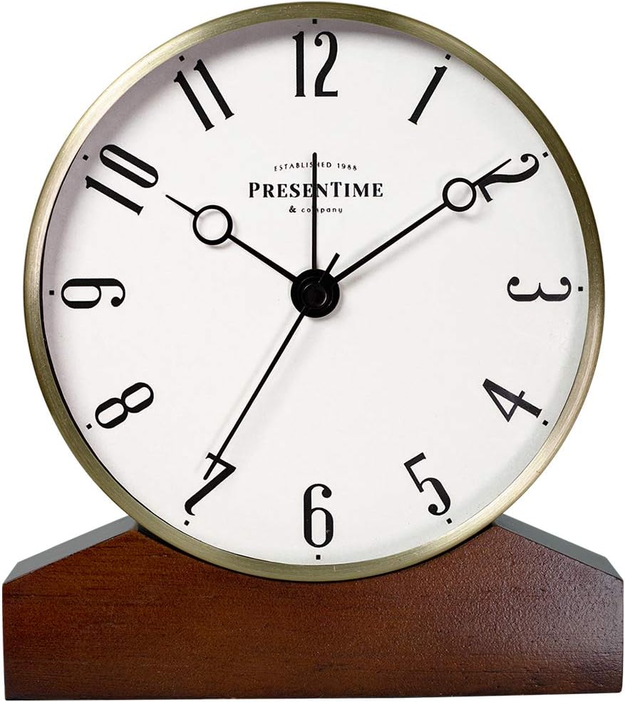 Mozart Mantel Alarm Clock | Desk & Shelf Clock, 6 x 5.5 Inch, Silent Non-Ticking, Wooden Base, Walnut Finish, Gold