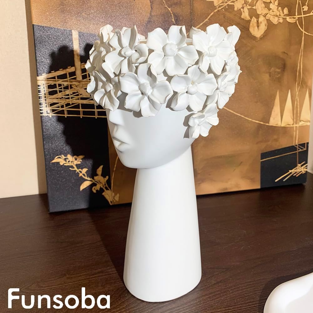 Ceramic Sculpture Female Head Face Flower Vase Decoration / White