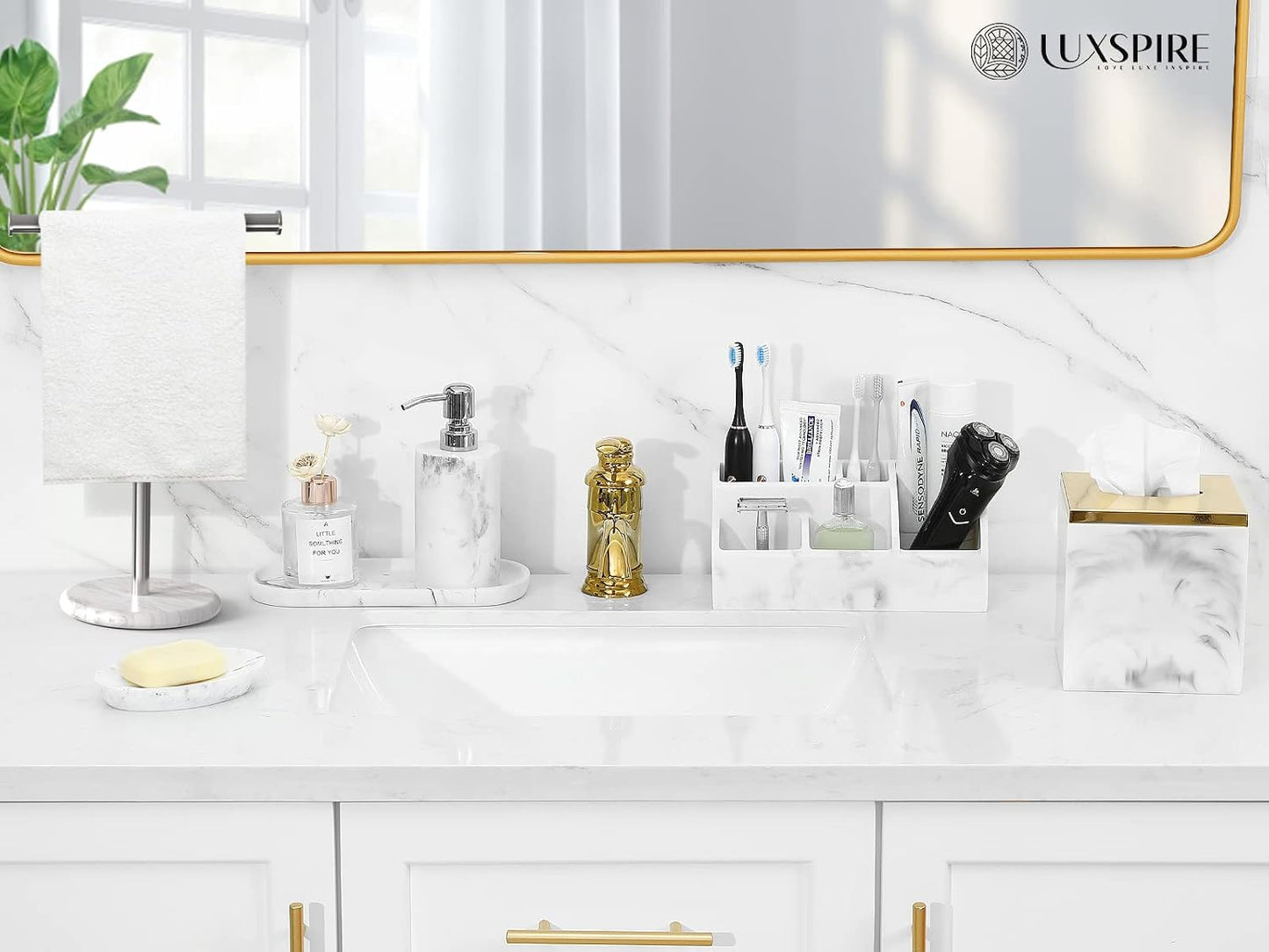 Luxspire Bathroom Counter Organizer, 5 Slots, Gravel White | Toothbrush Holder for Bathroom, Marble Bathroom