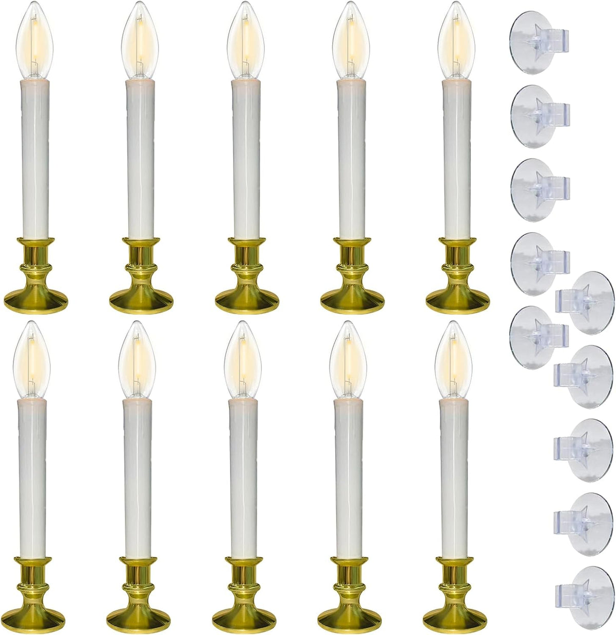 10 Pack Valentines Window Candles Lights, Battery Operated Flameless Candles with C26 LED Bulbs, 6-18H Timed Electric Candle Holders for Indoor Christmas Window Wedding Valentine's Day, Gold Base