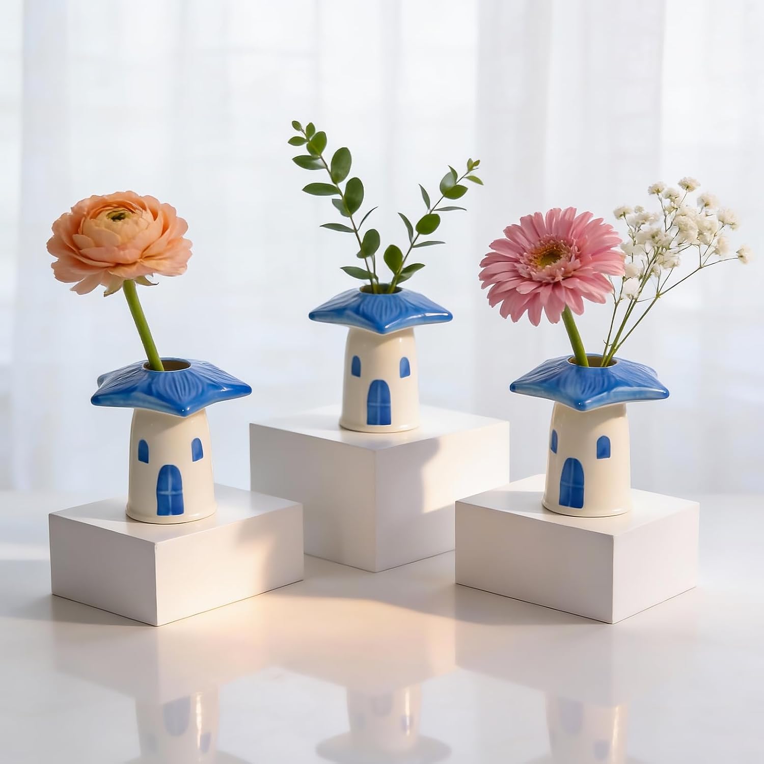 House Ceramic Bud Vase / Birdhouse Bud Vase / Blue / Set of 3
