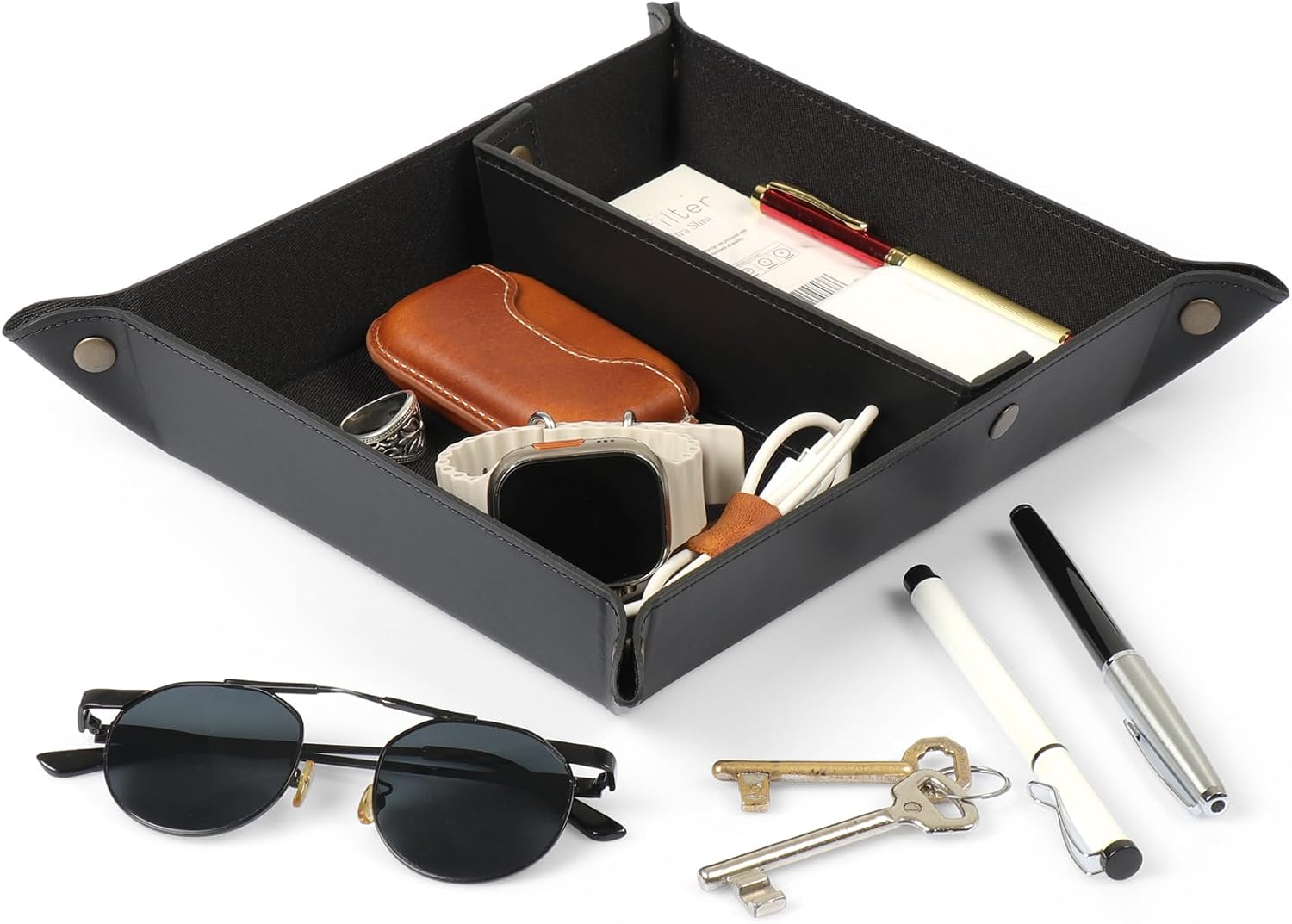 Londo PU Vegan Leather Valet Tray for Men — Brown Exterior with Black Interior Lining, Catchall EDC Organizer for Keys