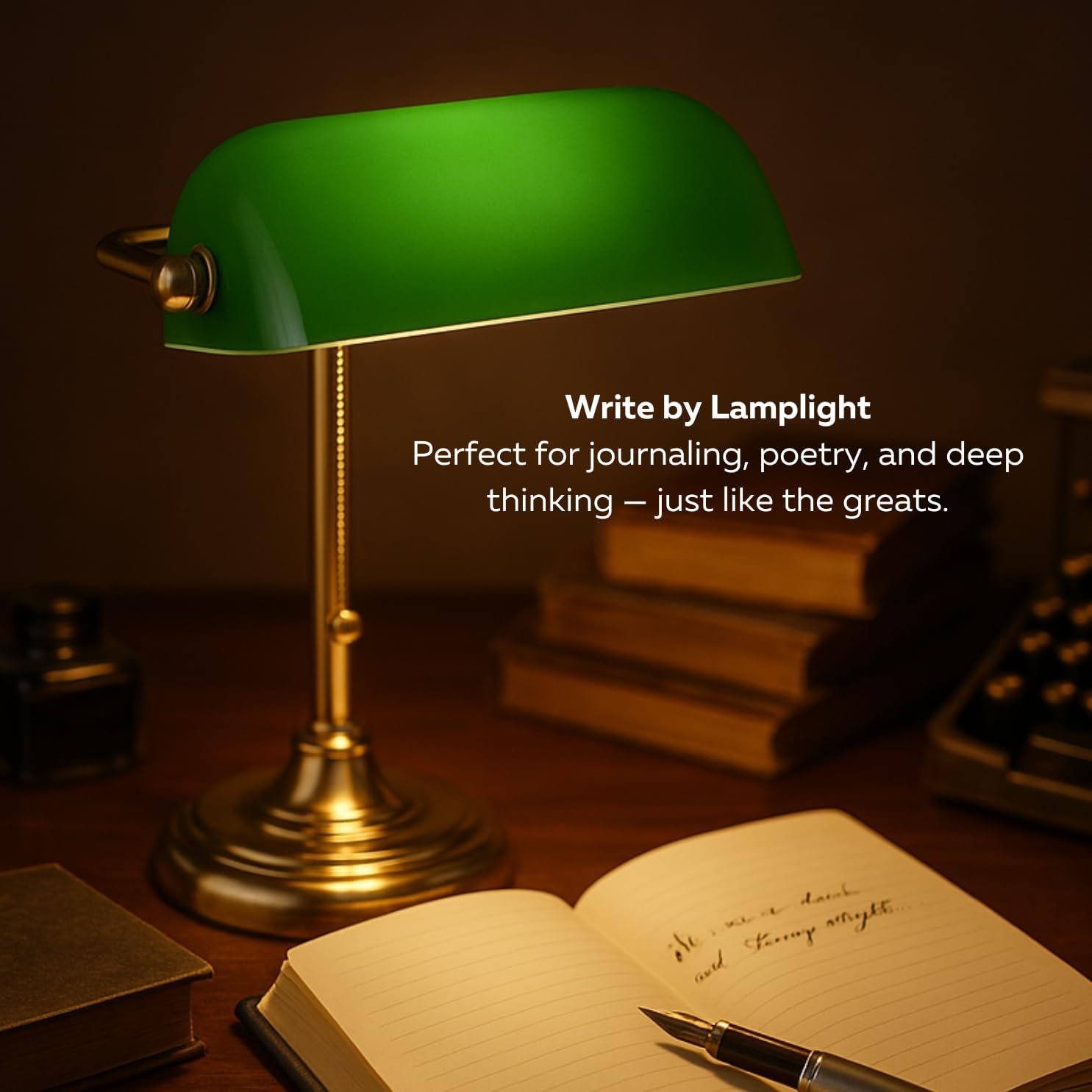 LIGHTACCENTS Traditional Banker’s Desk Lamp with Green Glass Shade and Brass Base – Classic Desk Lamp with Pull Chain