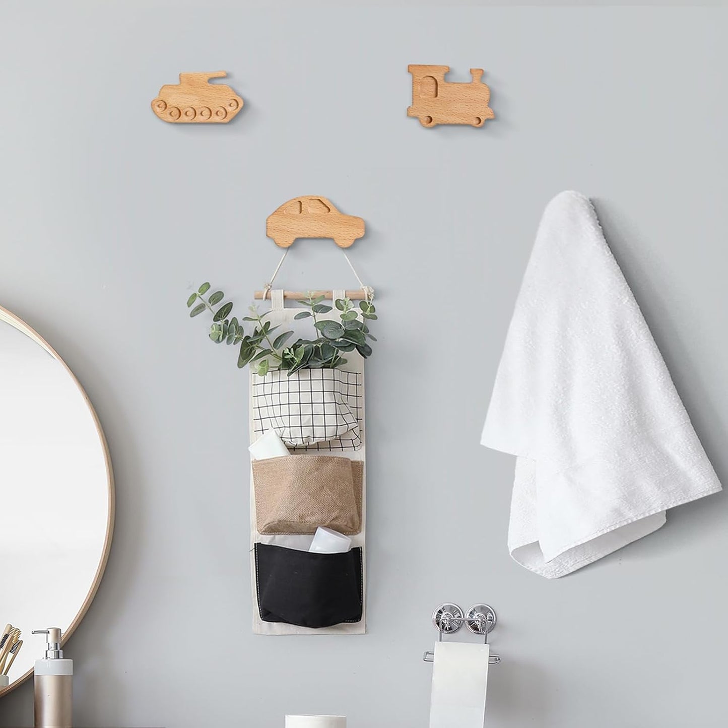 Kids Coat Hooks Wall Mount Car Shaped Wooden Coat Rack for Kids Room Nursery Wood / Cars / Set of 8