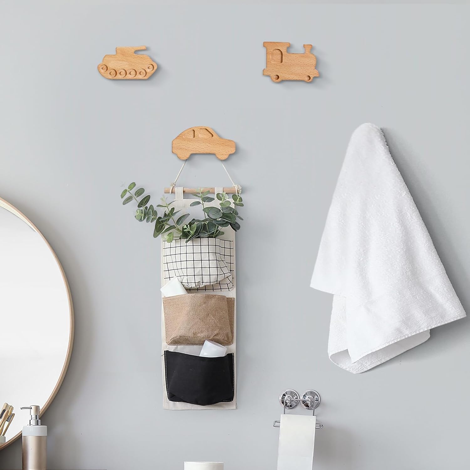 Kids Coat Hooks Wall Mount Car Shaped Wooden Coat Rack for Kids Room Nursery Wood / Cars / Set of 8