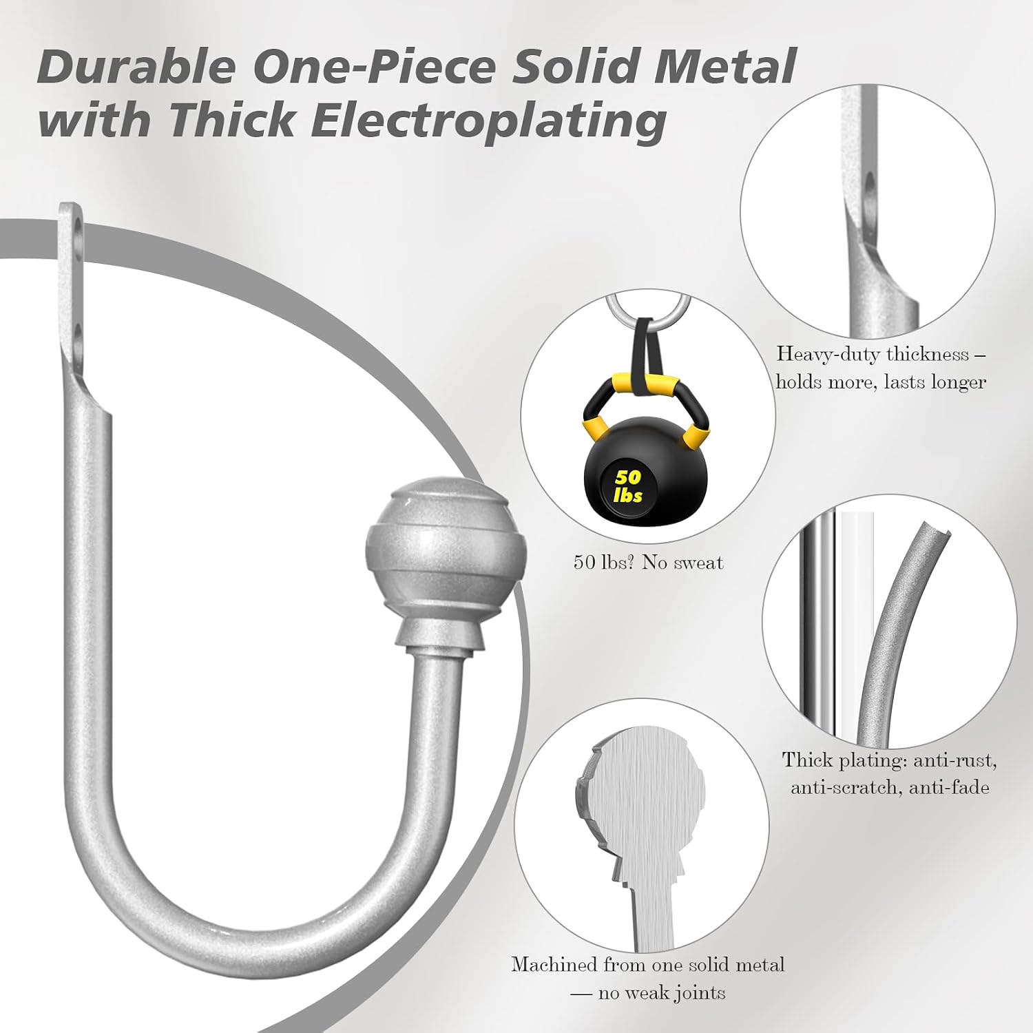 Hion Curtain Holdbacks Silver 6pcs, Curtain Tiebacks Wall Mounted Hooks | Curtain Holders for Drapes, One-Piece Metal