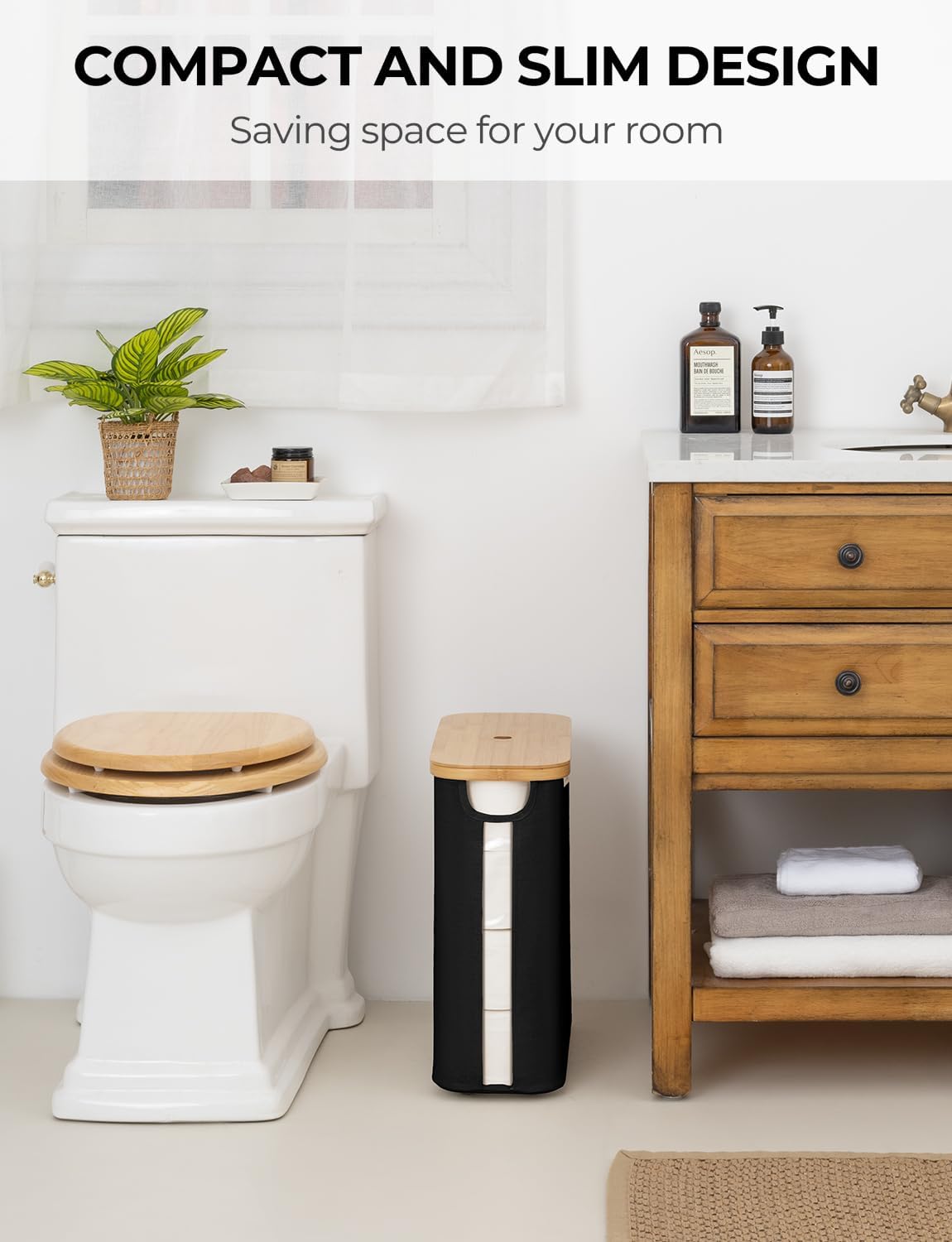 StorageWorks Toilet Paper Storage Basket with Bamboo Lid & Window | See Rolls at a Glance with Clear Window, Holds 16