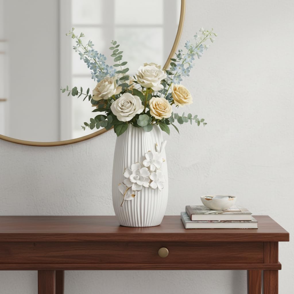 Ceramic Vase / 3D Modern Vase for Centerpieces / White / 9 Inch