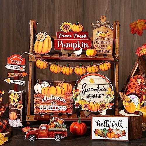 Dandat 16 Pcs Fall Tiered Tray Decoration Set for Autumn Home Table