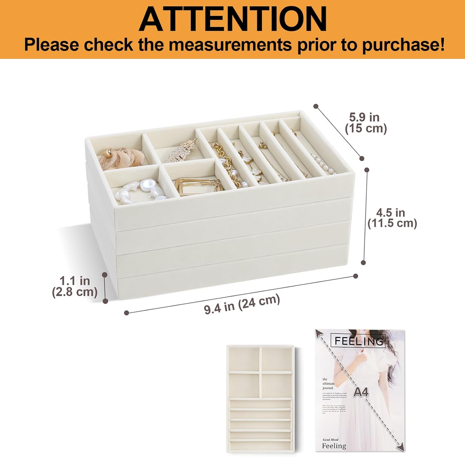 Stackable Jewelry Organizer Trays for Drawers / 4 Layers / Beige