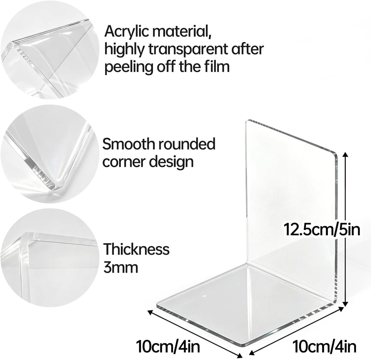 Sturdy Acrylic Bookends / Clear / 4 x 4 x 5