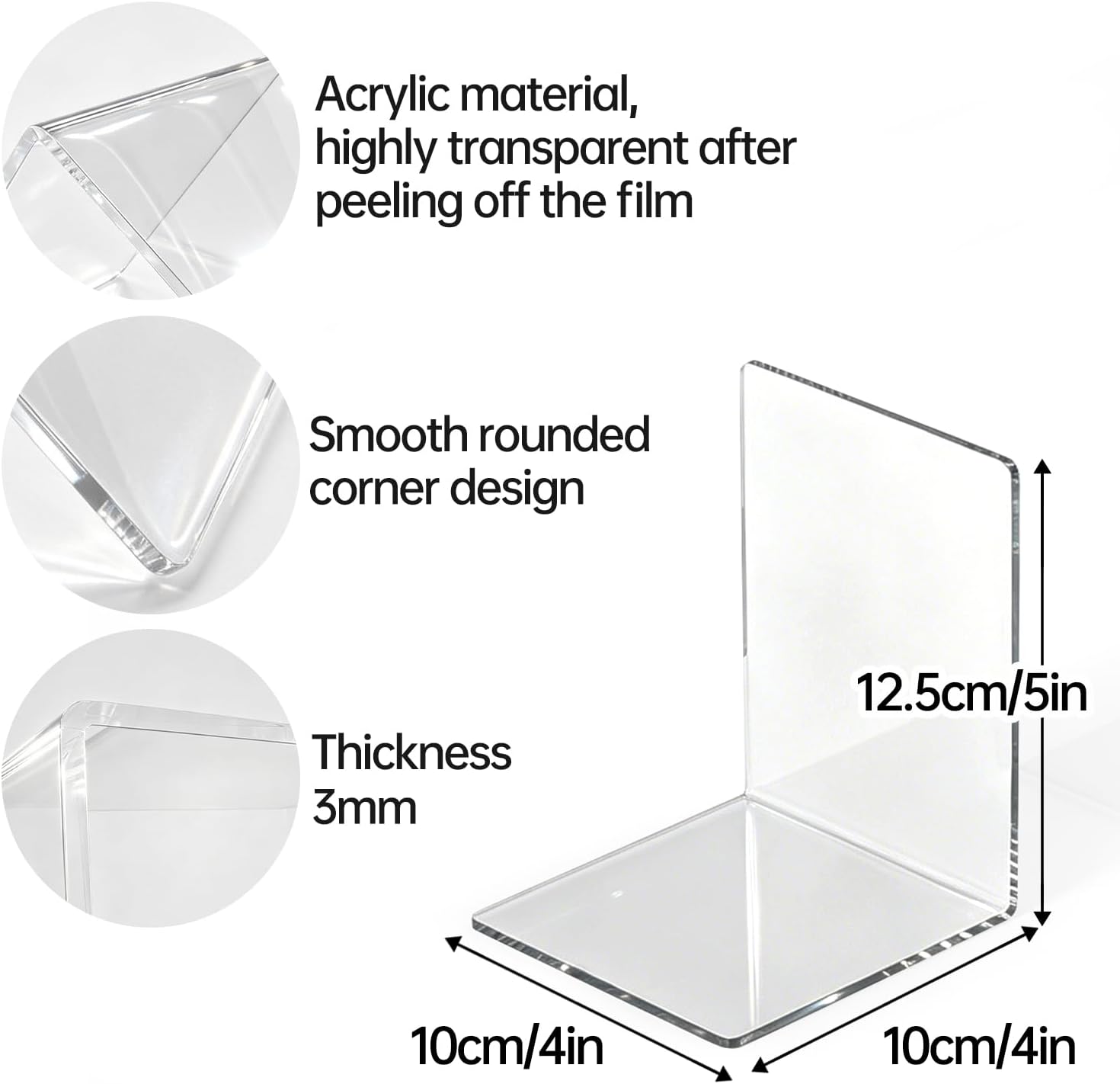 Sturdy Acrylic Bookends / Clear / 4 x 4 x 5