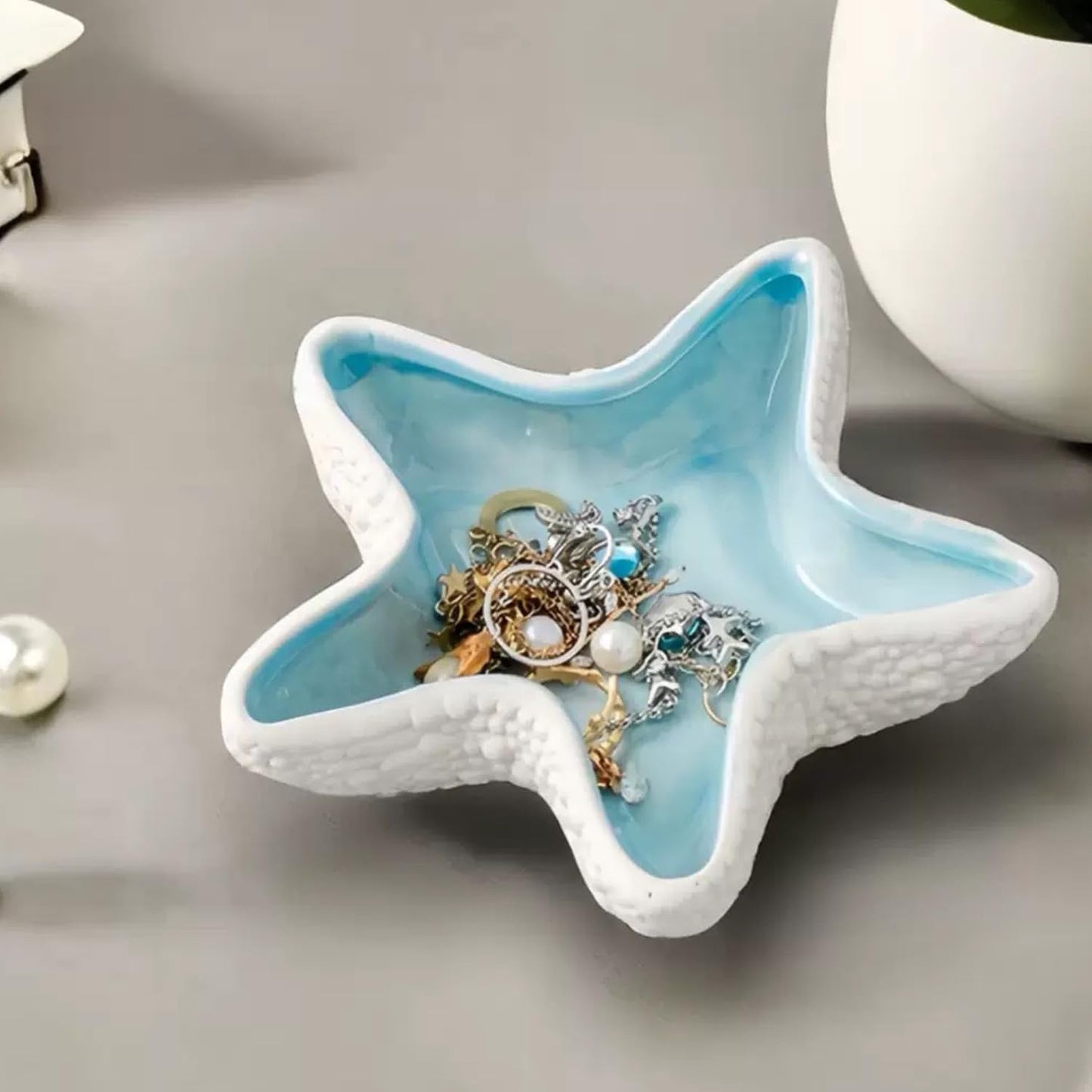 Ceramic Jewelry Tray Starfish Conch Shape Aqua Shell Trinket Plate Ceramic Conch Shell / Set of 2