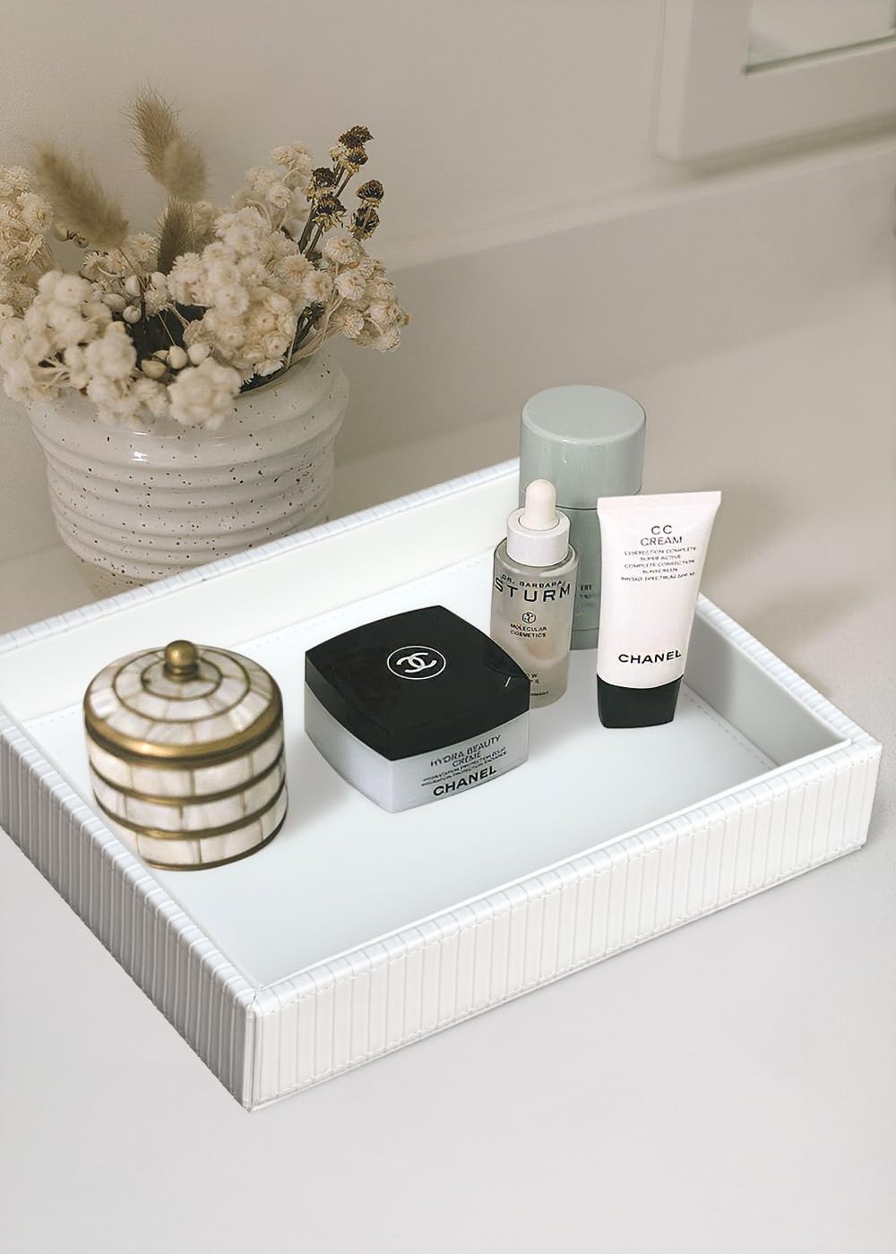 Faux Leather Vanity Tray / White Stripe / 10.2 x 8.4 x 1.8