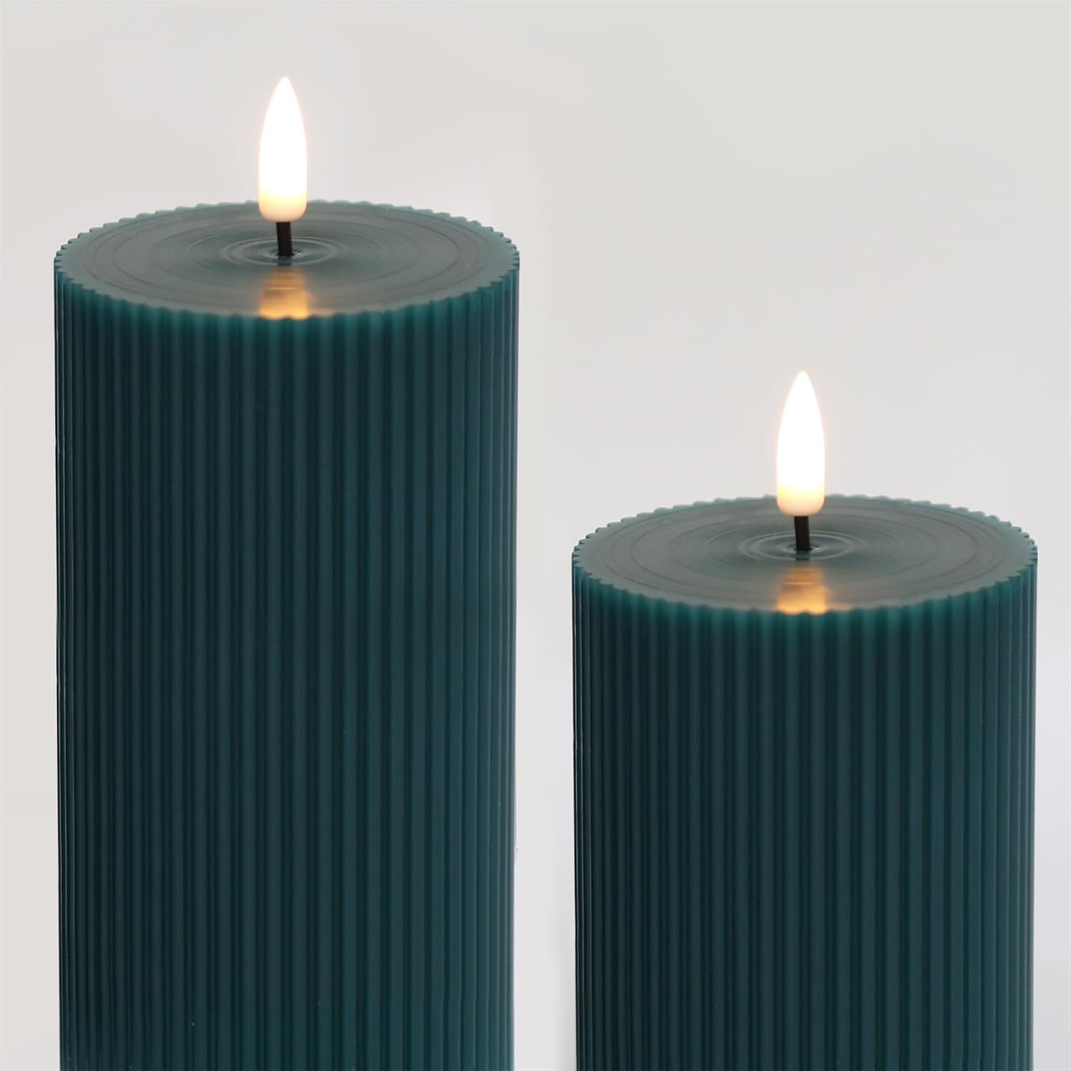 Ribbed Flameless Pillar Candles / Green / Set of 2
