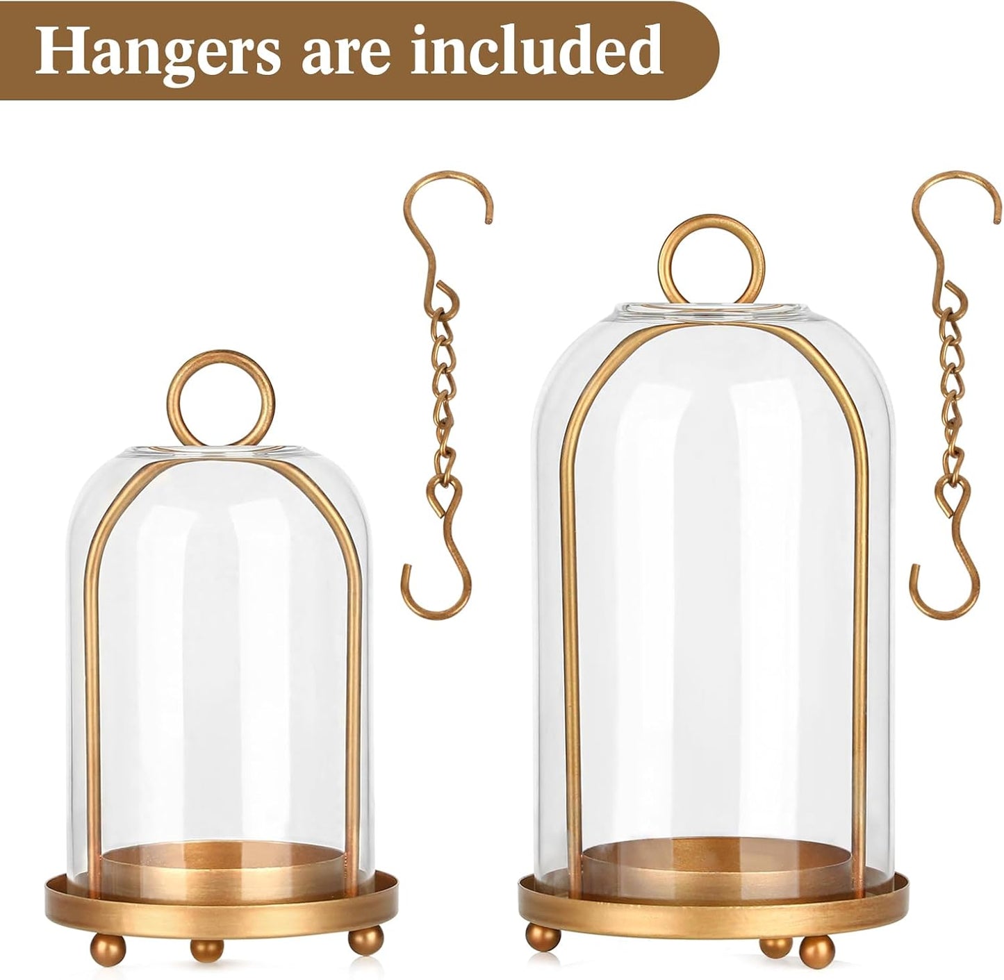 Vintage Brass Metal Candle Lantern with Thick Glass Dome Set of 2 | Shabby Chic Style Candle Holders (5.25"x10" &