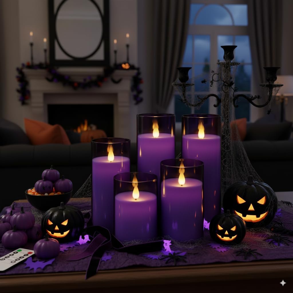 Homemory Purple Flickering Flameless Candles, Battery Operated Acrylic LED Pillar Candles with Remote Control and