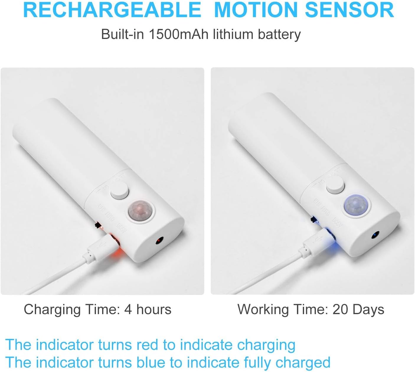 Rechargeable Motion Sensor LED Strip for Cabinet (2Pack-6.6FT, Cool White) | Motion Activated, 1500mAh Battery