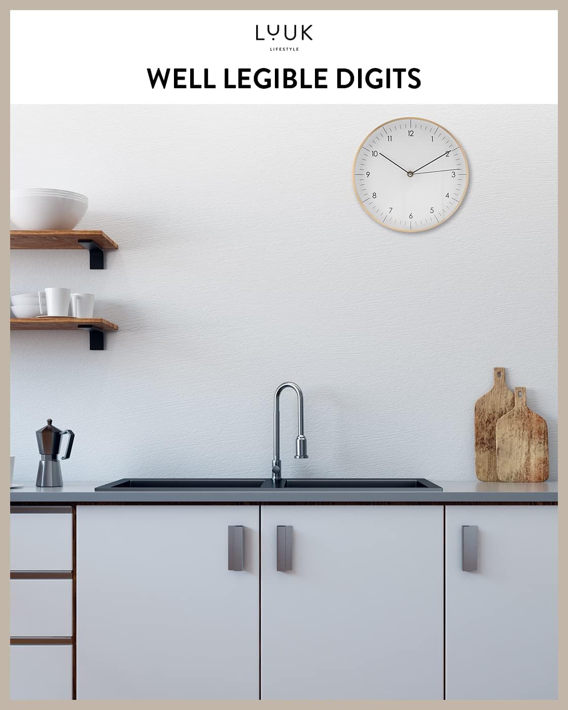 Modern Silent Quartz Wall Clock, 12in, White & Gold | Minimalist & Retro, for Living Room, Bedroom, Kitchen, Foyer