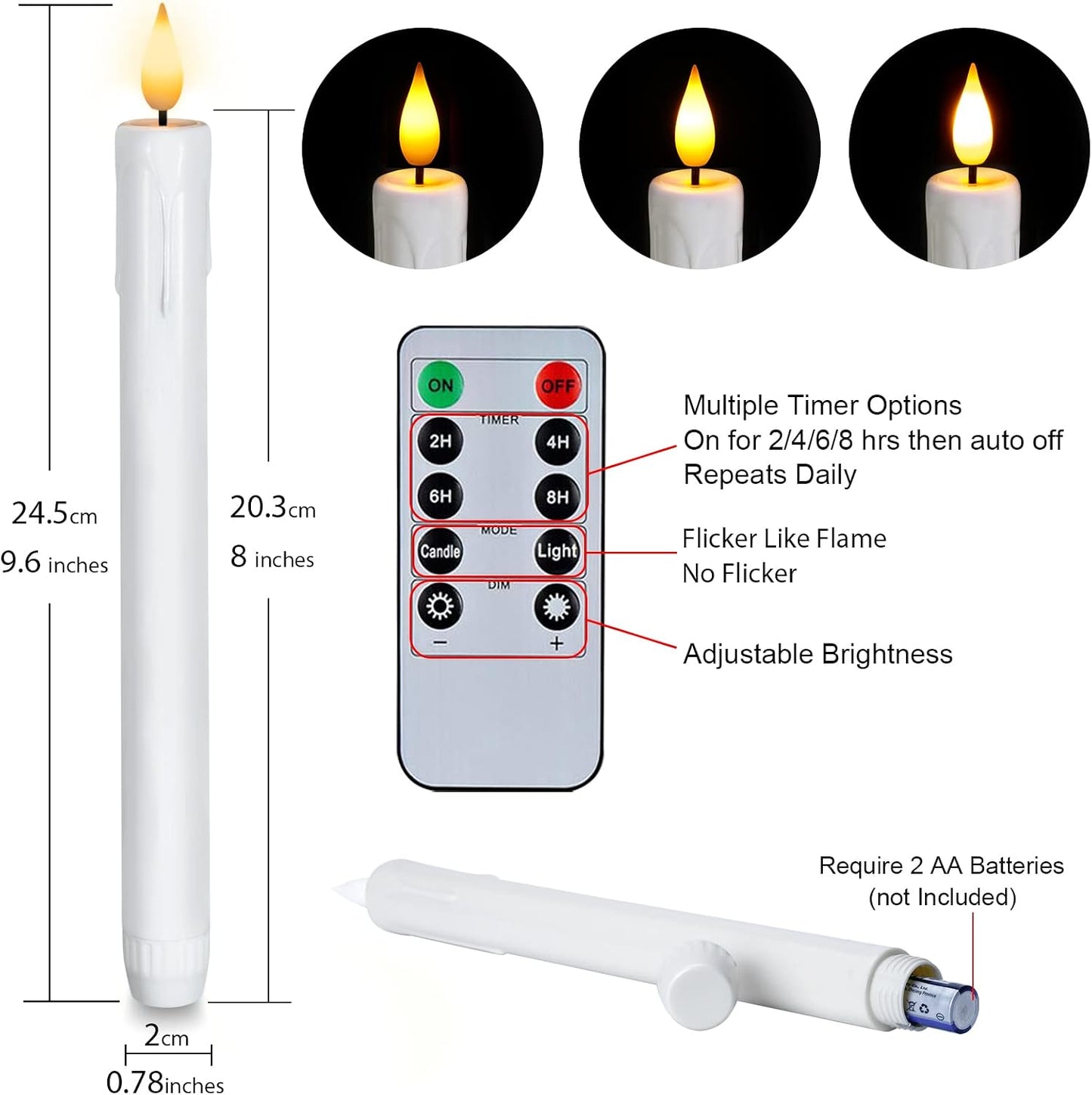 Homemory 12 Pcs Plastic Flameless Taper Candles with Remote Timer Dimmer, White Taper Candles Battery Operated with