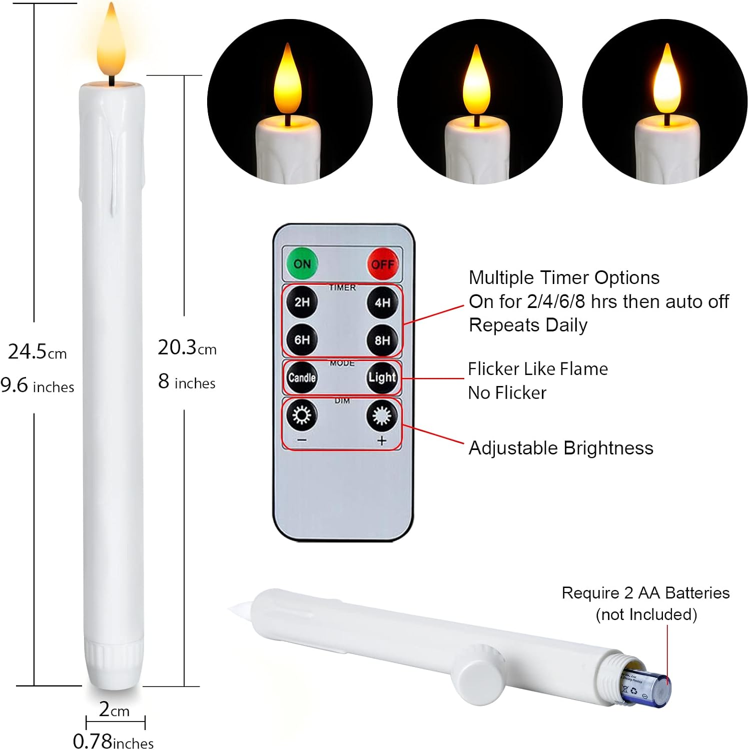 Homemory 12 Pcs Plastic Flameless Taper Candles with Remote Timer Dimmer, White Taper Candles Battery Operated with