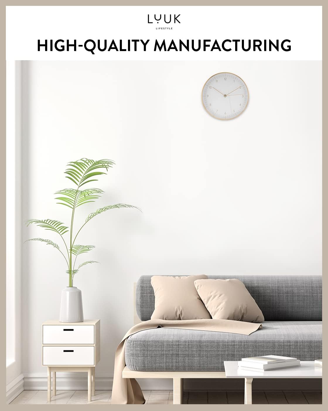 Modern Silent Quartz Wall Clock, 12in, White & Gold | Minimalist & Retro, for Living Room, Bedroom, Kitchen, Foyer
