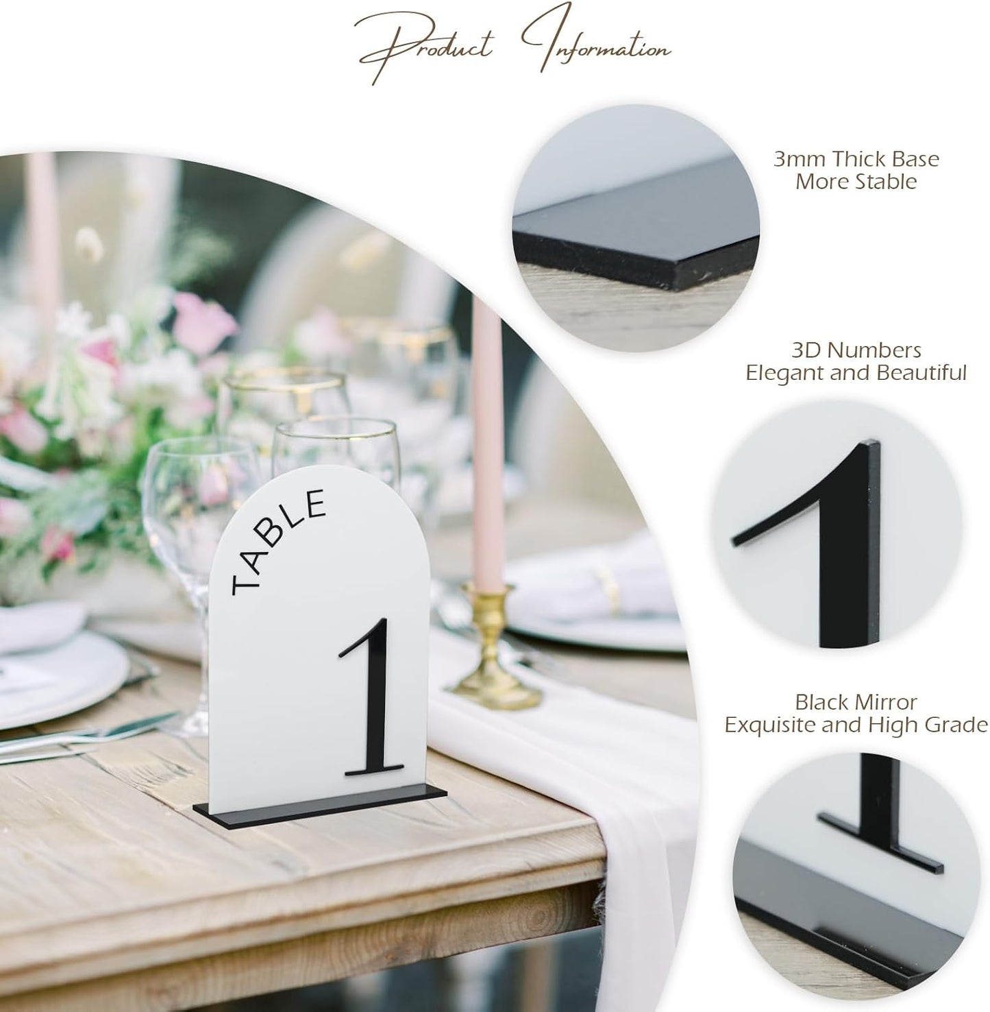 White Arch Wedding Table Numbers 1-20 with Stands | 20 Pack 5x7 Inch White Acrylic Arch Signs with Raised Black