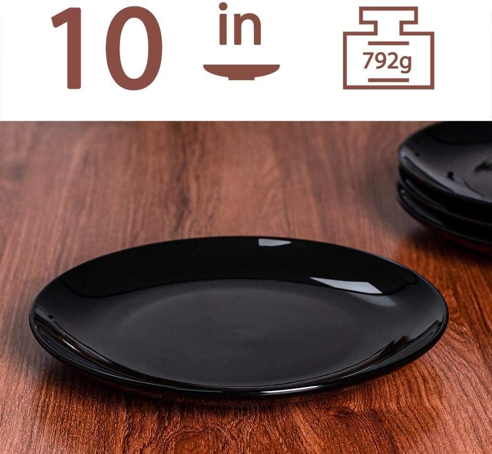 DELLING 10 Inch Black Dinner Plates Set of 4, Porcelain Round Plates - Microwave & Dishwasher Safe, Chip Resistant