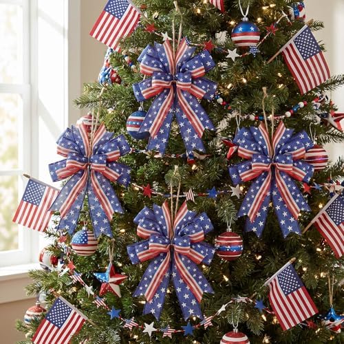 Patriotic Bow for Wreath, 9.4 x 11.8 Inch Red White and Blue with Stars and Stripes Wired Ribbon, Handmade 4th of July Mailbox Bow for Memorial Day Veterans Day Decor