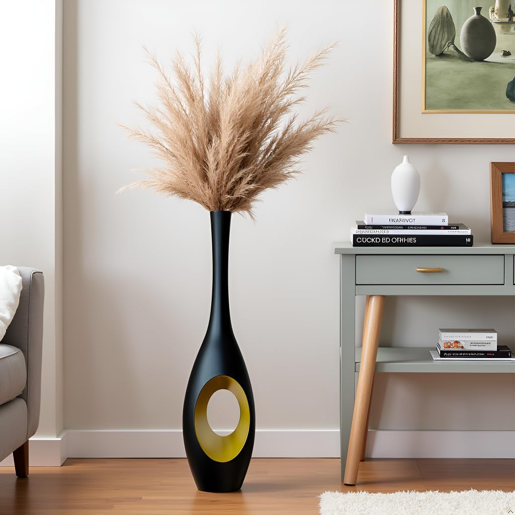 Modern Oval Tall Floor Vase / Black & Gold / 23.6in