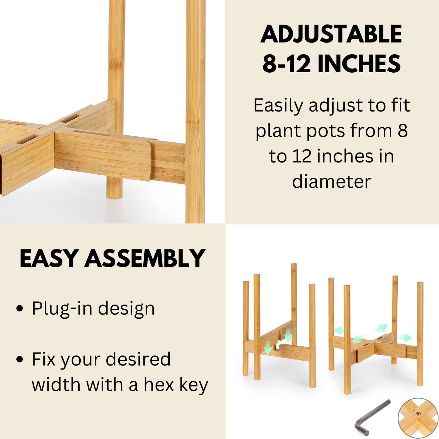 Fox & Fern Large Adjustable Plant Stand Indoor, Bamboo Stand, 8 - 12 Inch | Plug In Design, Holds 200 lbs, Two Heights