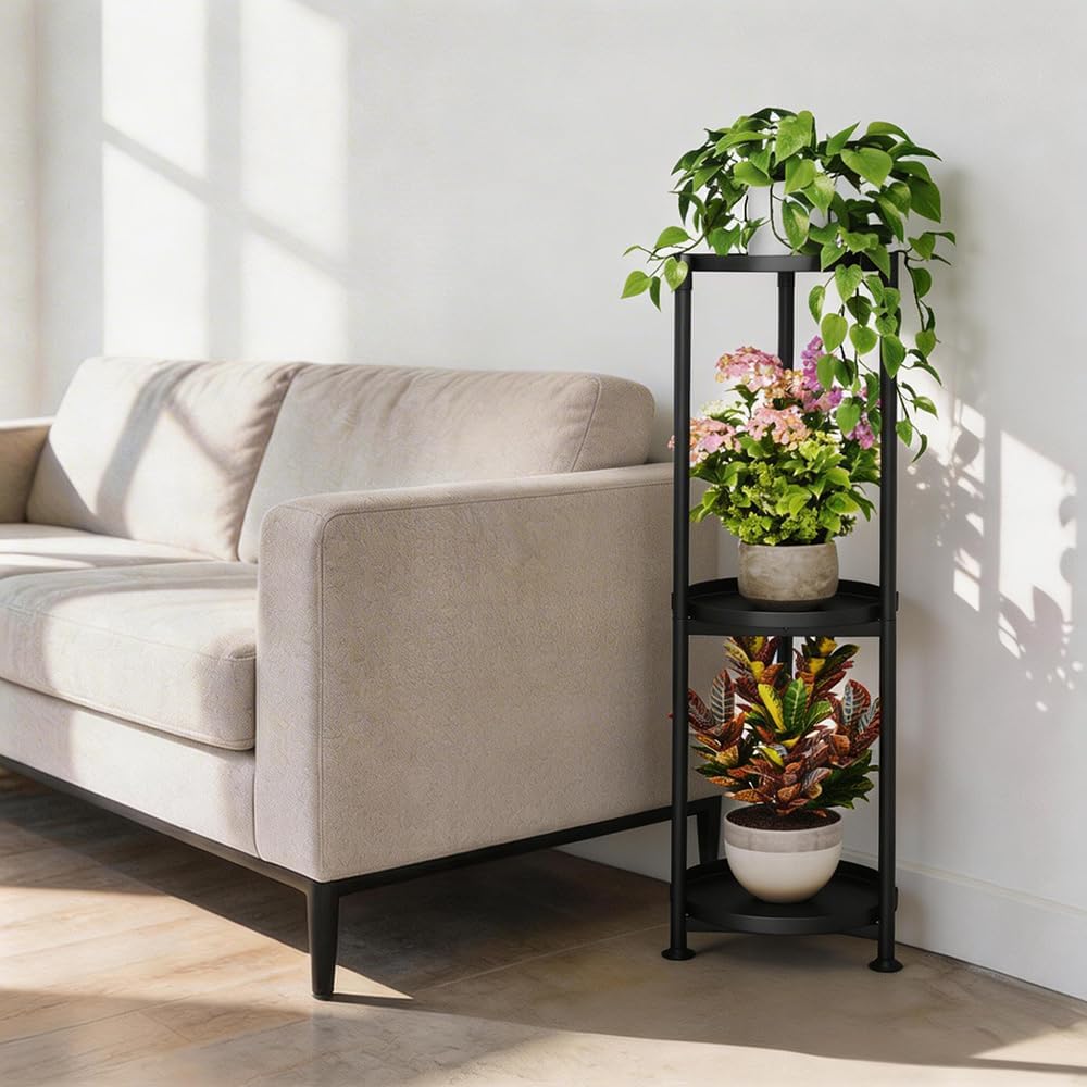 3 Tier Plant Stand Indoor Outdoor - 34'' Extra-Tall Metal Plants Multiple Tiered Plant Shelf Vertical Black