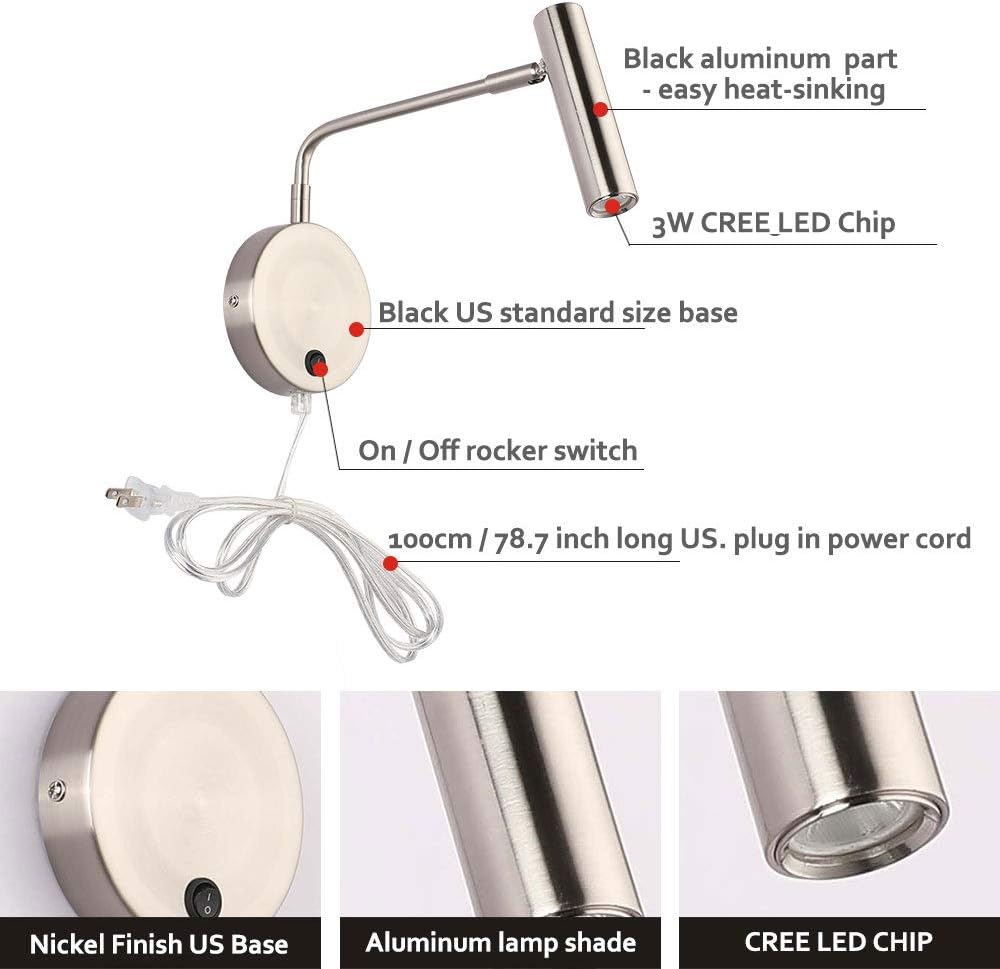 Joossnwell Wall Mounted Lamp, Sconce Light with Plug in Cords Wall Reading Light with Switch for Living Room Bedroom
